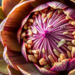 Az articsóka virágának közeli képe, kiemelve a szirmokat és a magokat.