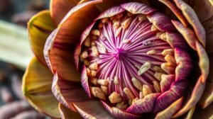 Az articsóka virágának közeli képe, kiemelve a szirmokat és a magokat.