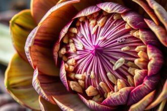 Az articsóka virágának közeli képe, kiemelve a szirmokat és a magokat.