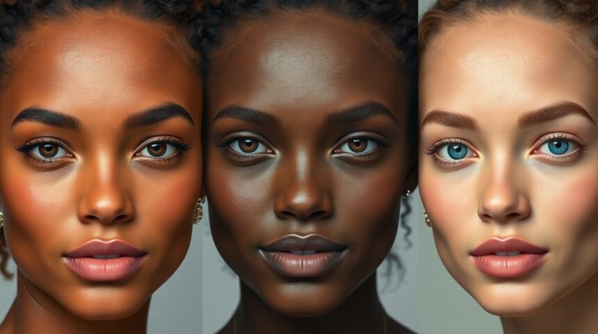 Három nő, különböző bőrtónusokkal highlighterrel.