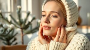 Nő gondoskodik bőréről télen, hialuronsavat és krémet használva.