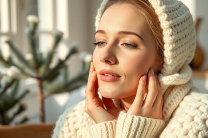 Nő gondoskodik bőréről télen, hialuronsavat és krémet használva.