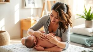 Baba-mama masszázs: anya masszírozza a babáját nyugodt környezetben.