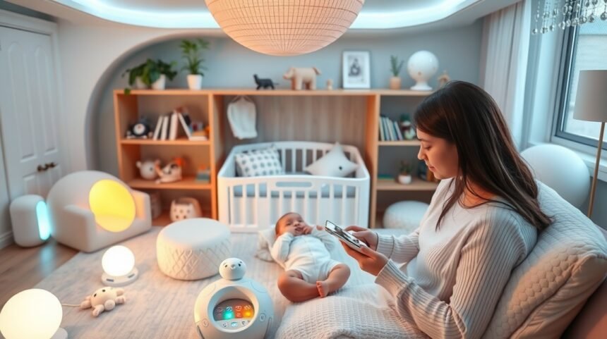 Kismama mobiltelefonozik babaszobában, bölcsővel és okoseszközökkel.