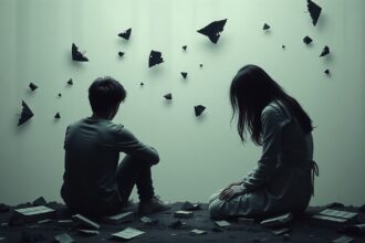 Két fiatal különböző irányba néz, háttérben széttört tárgyak.