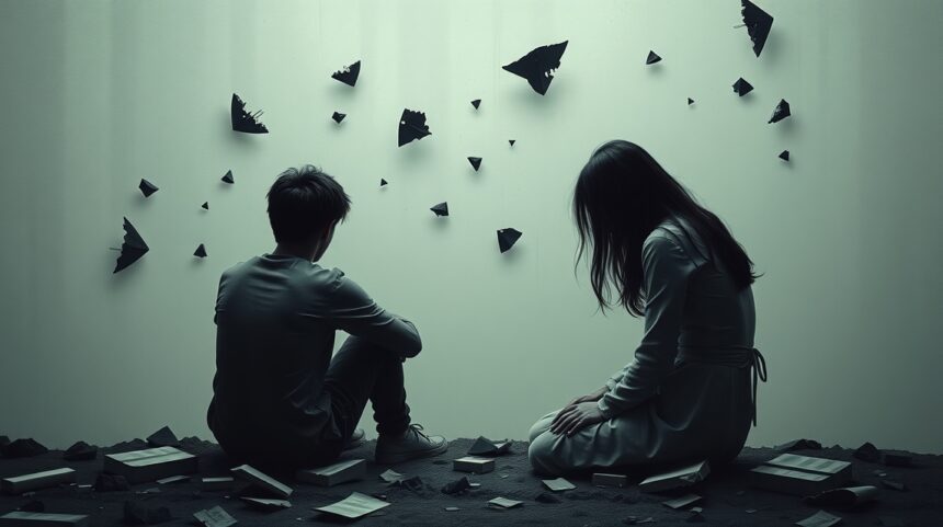 Két fiatal különböző irányba néz, háttérben széttört tárgyak.