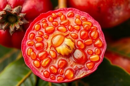 Félbevágott camu camu bogyó, gazdag C-vitaminban és tápláló magokban.