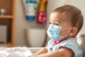 Baba maszkban, aki közösségi fertőzésektől védve ül a kiságyban.