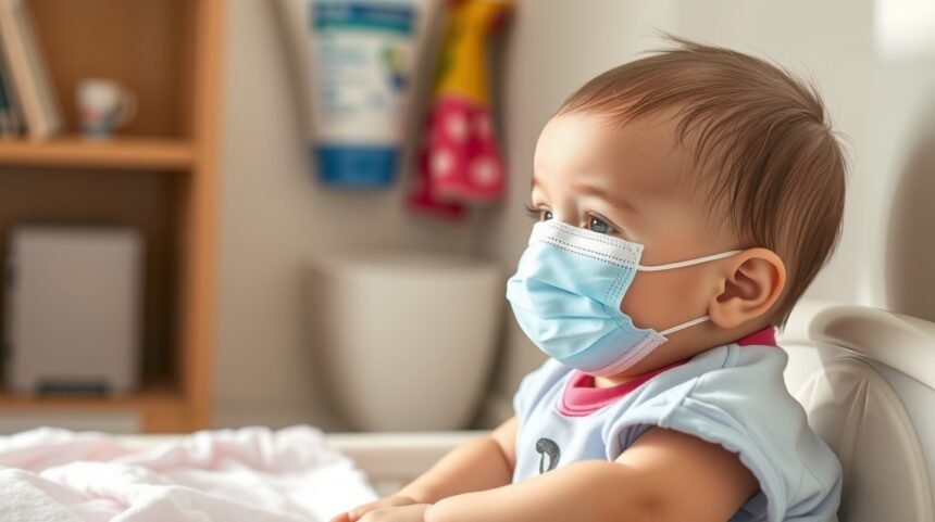 Baba maszkban, aki közösségi fertőzésektől védve ül a kiságyban.