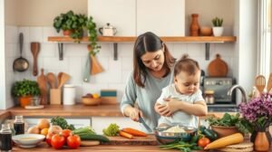 womensway 143 Anya és baba közös főzése friss zöldségekkel egy konyhában
