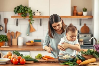 Anya és baba közös főzése friss zöldségekkel egy konyhában