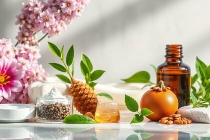 Természetes szépségápolási összetevők: virágok, olajok és krémek.