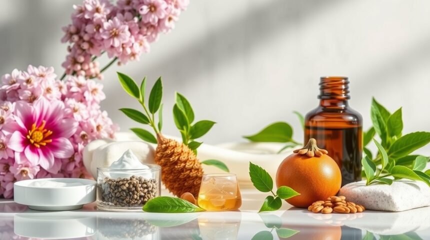 Természetes szépségápolási összetevők: virágok, olajok és krémek.