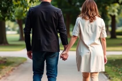 Pár kézen fogva sétál a parkban, kapcsolat és intimitás.