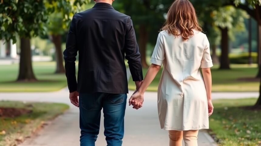 Pár kézen fogva sétál a parkban, kapcsolat és intimitás.