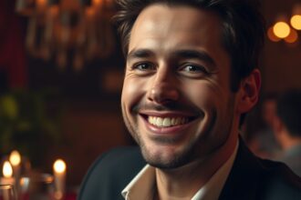 Férfi mosolygó arcképe egy étteremben, romantikus hangulattal