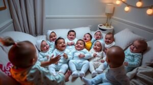 womensway 137 Több baba pizsamaparti közben, boldogan együtt egy ágyban.