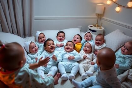 Több baba pizsamaparti közben, boldogan együtt egy ágyban.