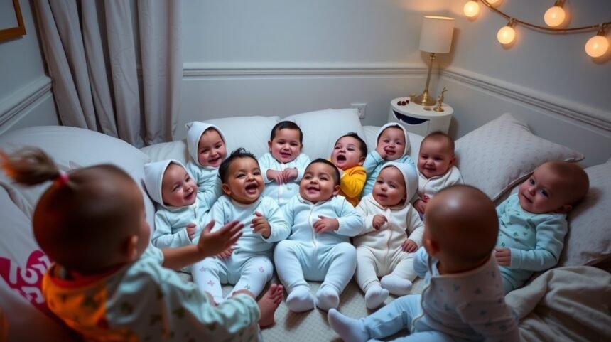 Több baba pizsamaparti közben, boldogan együtt egy ágyban.