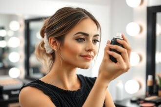 Nő smink fixáló spray-t használ a tükör előtt