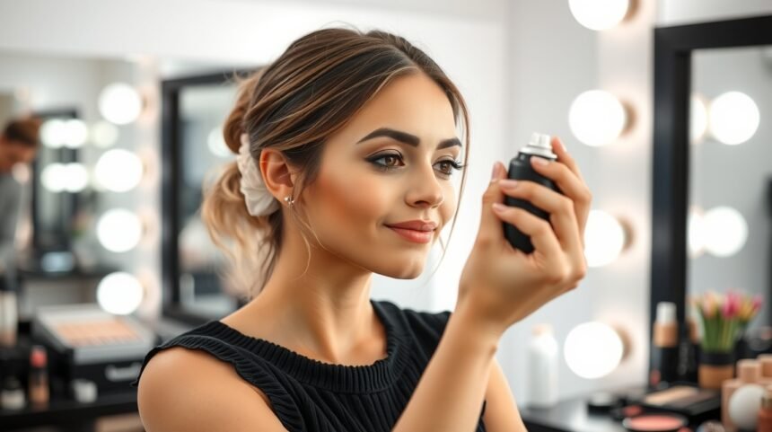 Nő smink fixáló spray-t használ a tükör előtt