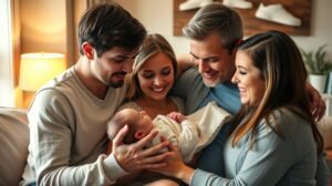 Családi boldogság az első évben: szülők és baba együttesen.