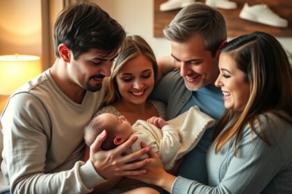 Családi boldogság az első évben: szülők és baba együttesen.