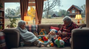 Nagyszülők játszanak unokájukkal a nappaliban vidékies környezetben.