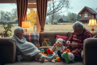 Nagyszülők játszanak unokájukkal a nappaliban vidékies környezetben.