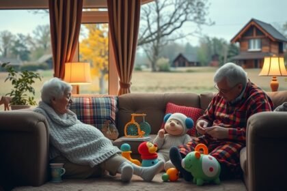 Nagyszülők játszanak unokájukkal a nappaliban vidékies környezetben.