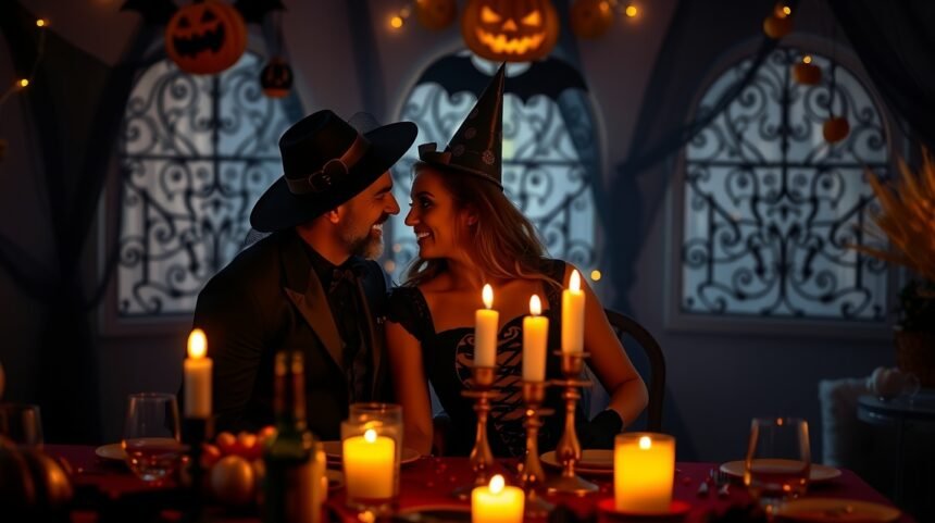 Romantikus Halloween randi gyertyafénynél egy asztalnál ülő párral.