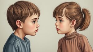 womensway 127 Két gyermek egymásra néz, érzelmi kifejezések tükrözésével.