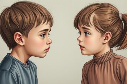 Két gyermek egymásra néz, érzelmi kifejezések tükrözésével.