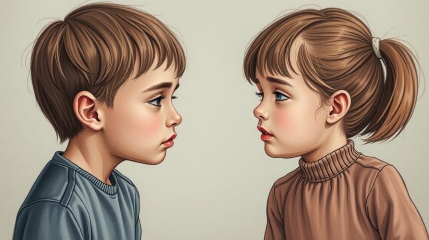 Két gyermek egymásra néz, érzelmi kifejezések tükrözésével.