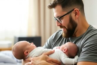 Fiatal apa, aki két kisbabát tart a karjában, boldogan néz rájuk.