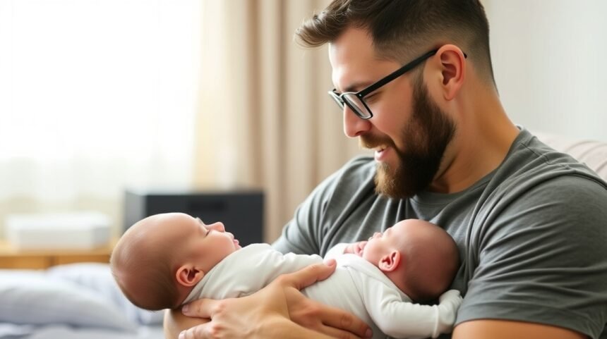 Fiatal apa, aki két kisbabát tart a karjában, boldogan néz rájuk.