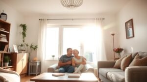 Egészséges párkapcsolatot tükröző kényelmes otthonban ülő pár.