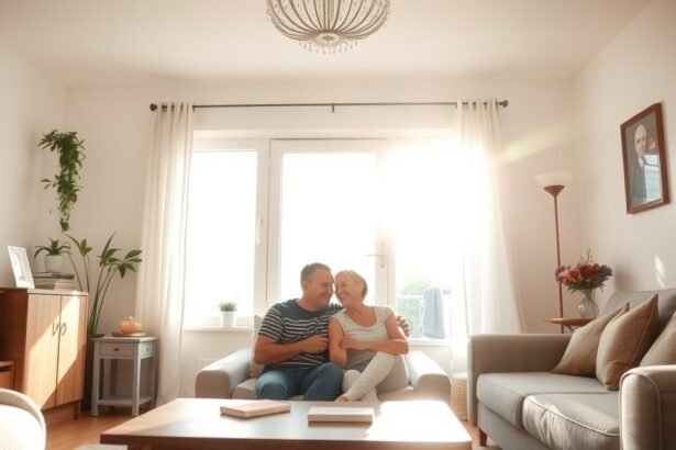 Egészséges párkapcsolatot tükröző kényelmes otthonban ülő pár.