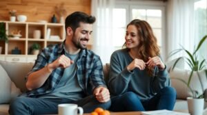 Fiatal pár beszélget és nevet a kanapén ülve, otthoni környezetben.