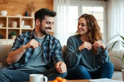 Fiatal pár beszélget és nevet a kanapén ülve, otthoni környezetben.