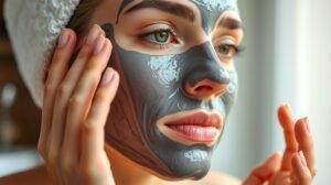 Egy nő arcpakolást alkalmaz, amely agyag vagy aktív szén alapú.