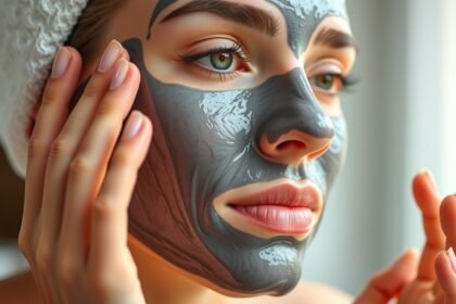 Egy nő arcpakolást alkalmaz, amely agyag vagy aktív szén alapú.