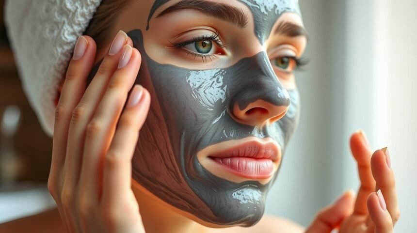 Egy nő arcpakolást alkalmaz, amely agyag vagy aktív szén alapú.