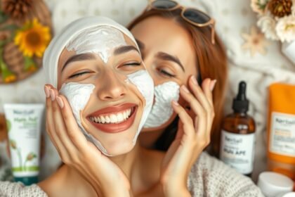 Két nő arcbőr hámlasztó maszkot használva, vidáman mosolyognak.