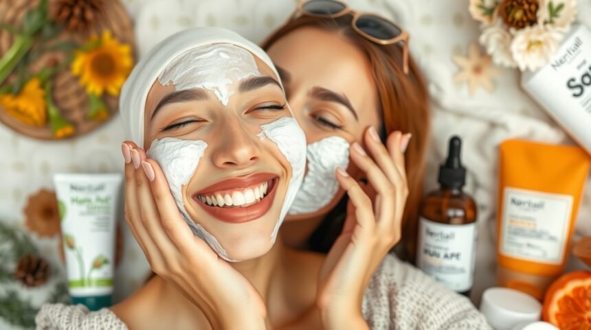 Két nő arcbőr hámlasztó maszkot használva, vidáman mosolyognak.