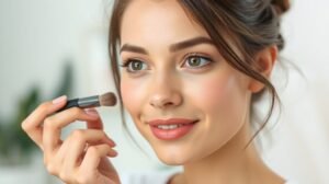 Nő természetes sminkkel, friss megjelenéssel és pirosítóval.