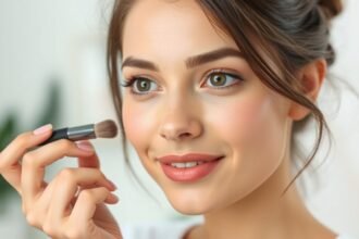 Nő természetes sminkkel, friss megjelenéssel és pirosítóval.