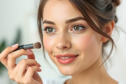 Nő természetes sminkkel, friss megjelenéssel és pirosítóval.