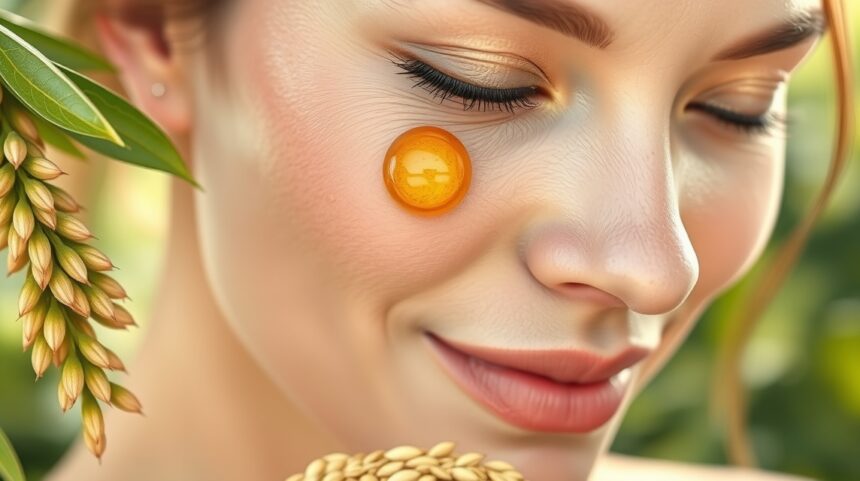 Egy nő arca szezámolaj cseppel a bőrápoláshoz