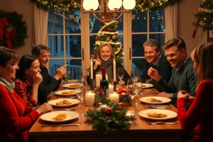Ünnepi vacsora barátokkal, ünnepi hangulattal a karácsonyi időszakban.